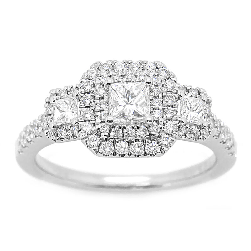 Makenna. Princess-Cut 1ctw. Diamond 3-Stone Halo Engagement Ring in 14k White Gold image number null