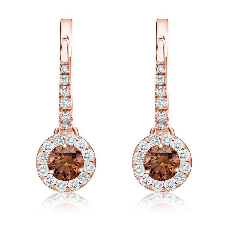 Champagne ¾ct. Drop Diamond Halo Earrings in 14k Rose Gold image number null