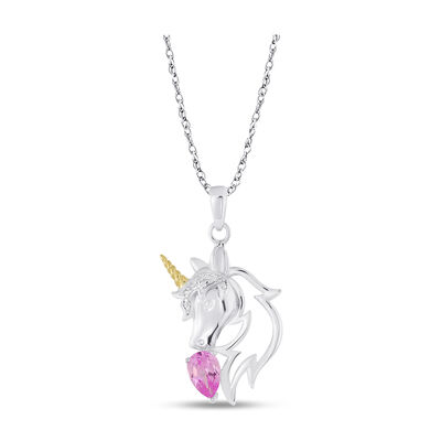 Pear-Shaped Created Pink Sapphire Unicorn Pendant in 10k Rose Gold & Sterling Silver