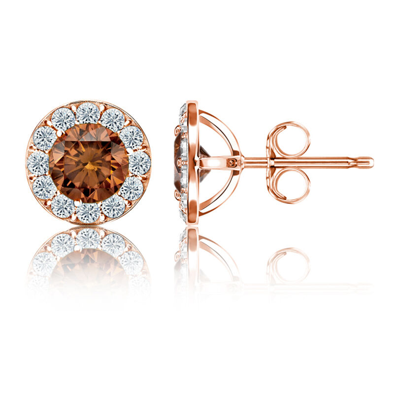 Champagne & White ½ct. Diamond Halo Stud Earrings in 14k Rose Gold image number null
