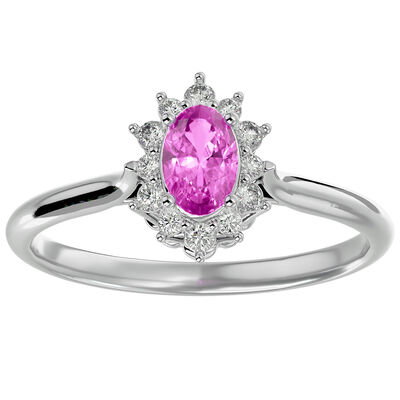 Oval-Cut Pink Sapphire & Diamond Halo Ring in 14k White Gold