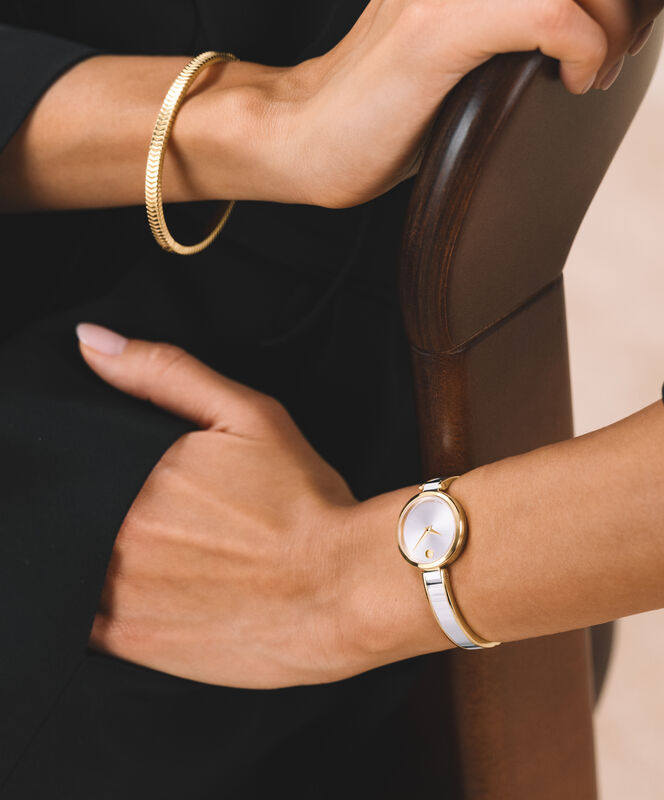 Movado Ladies' Moda Silver White Dial Yellow Gold-Tone Stainless Steel 24mm Bangle Watch 608012 image number null