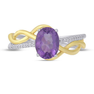 Oval-Cut Amethyst Diamond Swirl Ring in 10k Yellow Gold and Sterling Silver