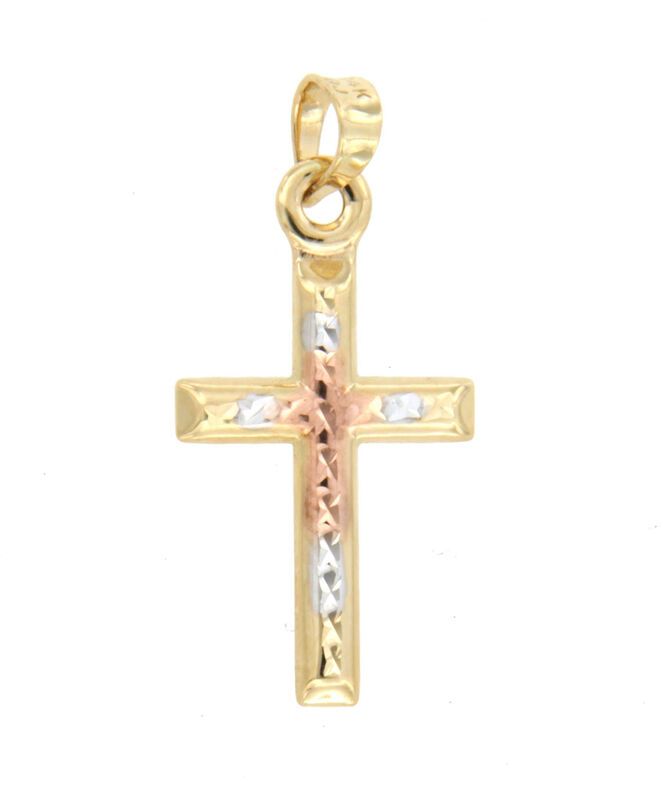 Traditional Tri-Color Cross Pendant in 14k Gold image number null