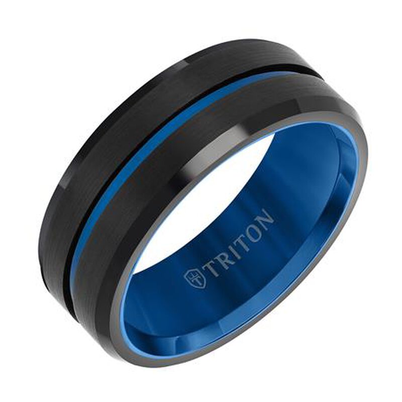 Triton Black Tungsten 8mm Wedding Band w/ Blue Center Stripe image number null