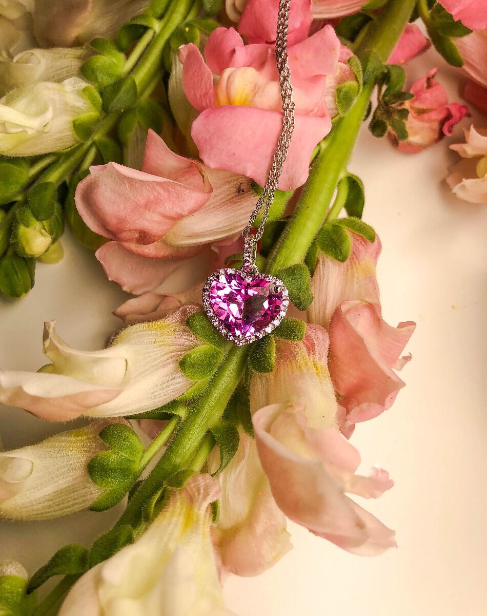 Created Pink Sapphire Halo Heart Pendant in Sterling Silver