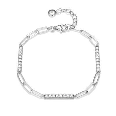 7.5" Paper Clip and Cubic Zirconia Station Bar Bracelet in Sterling Silver Rhodium Plate