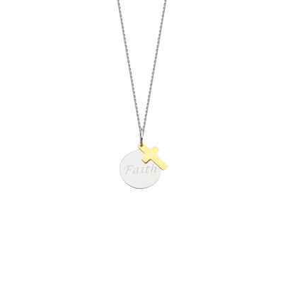 Faith Disc & Cross Charm Pendant in Sterling Silver & 14k Gold