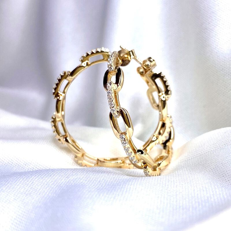 Paperclip Link CZ Crystal Hoop Earrings in Gold Plated Sterling Silver image number null