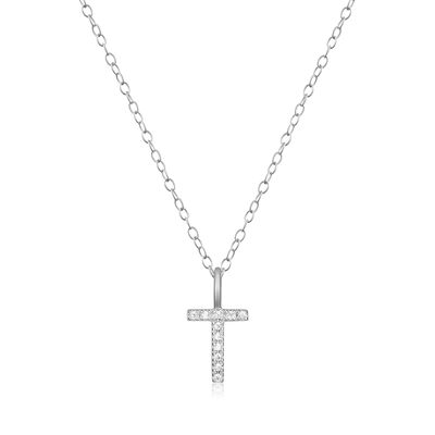 Lab Grown Diamond Letter T Initial Pendant Necklace in Sterling Silver