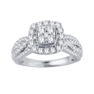 Coco. Lab Grown 1ctw. Diamond Cushion Halo Composite Engagement Ring in 10k White Gold