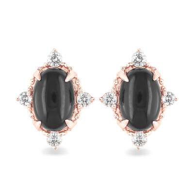 Oval Black Agate & Diamond Stud Earrings in 10k Rose Gold