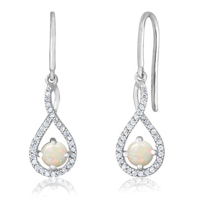Opal Twist Dangle Infinity Diamond Earrings in Sterling Silver