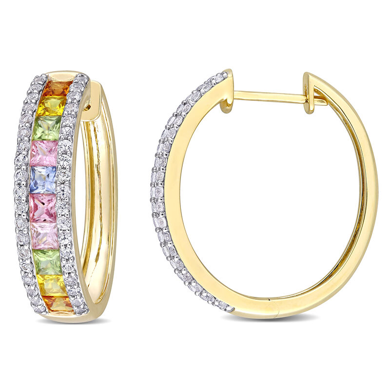 Rainbow Created Sapphire Hoop Earrings in 14k Yellow Gold image number null
