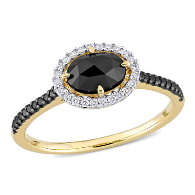 Oval Black Diamond Halo Engagement Ring in 14k Yellow Gold
