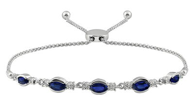 Oval Created Sapphire & Diamond Bolo Bracelet in Sterling Silver
