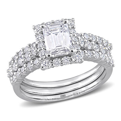 Emerald-Cut 2ctw. Created Moissanite Halo Bridal Set in Sterling Silver