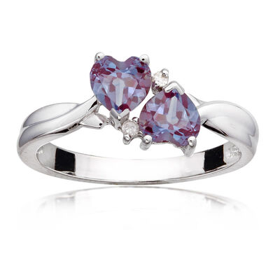 Double Heart Created Alexandrite & Diamond Ring