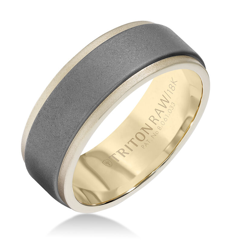 TritonRAW Tungsten Flat Matte Men's Band with High Polished 18KY Edges and Interior Detail image number null