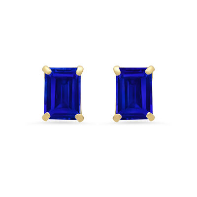Emerald-Cut Created Blue Sapphire Solitaire Stud Earrings in 14k Yellow Gold