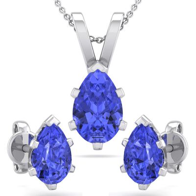 Pear Tanzanite Necklace & Earring Jewelry Set in Sterling Silver