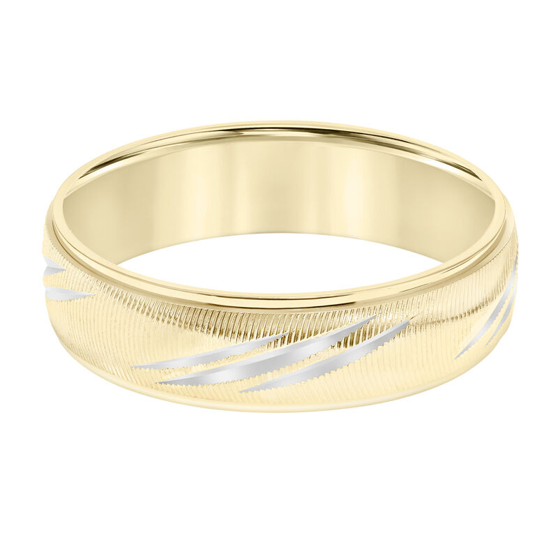 Men's Textured Wedding Band with White Gold Diagonal Detail in 14k Yellow image number null