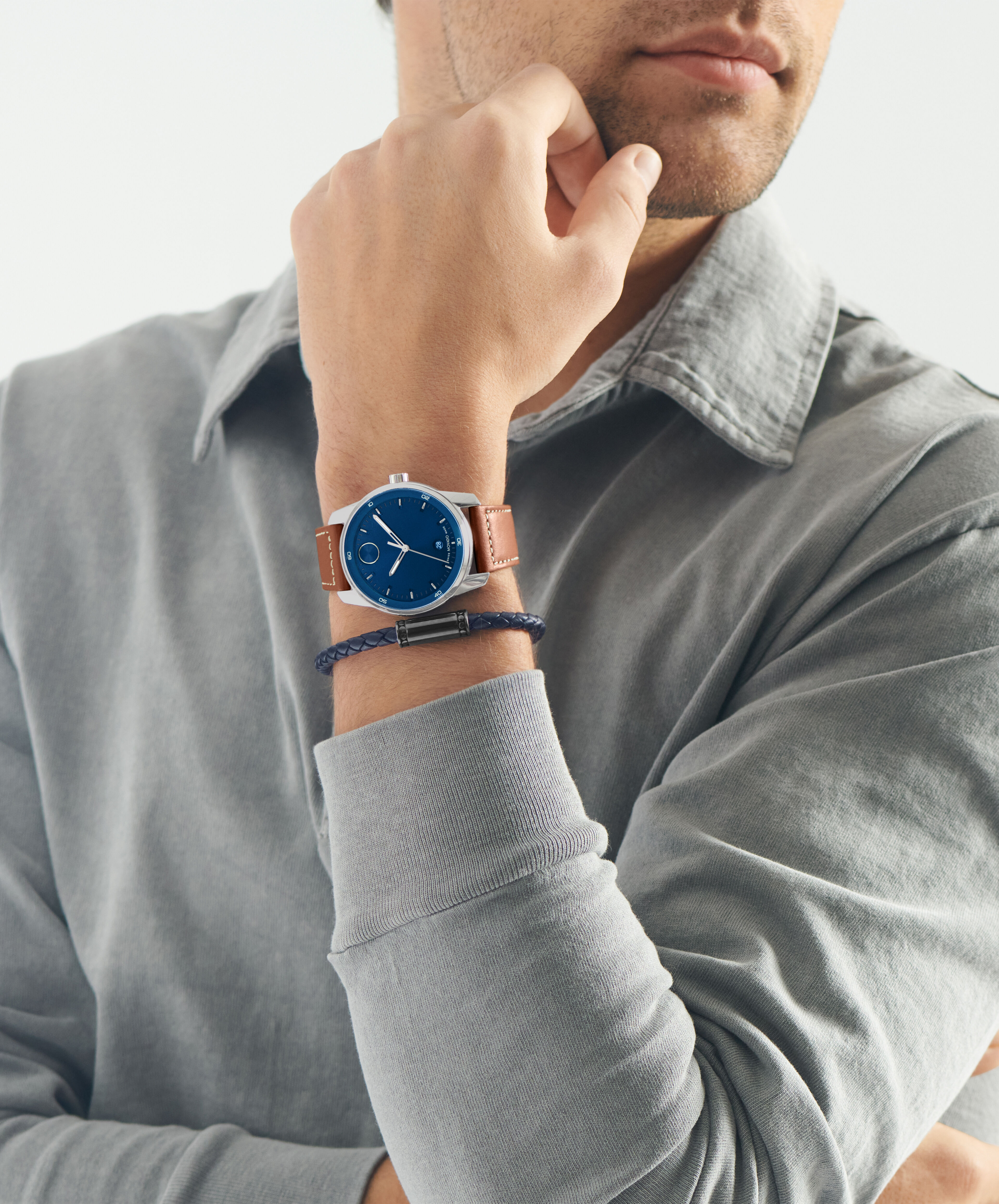 Movado Men's BOLD Verso Blue Dial Stainless Steel Leather Strap