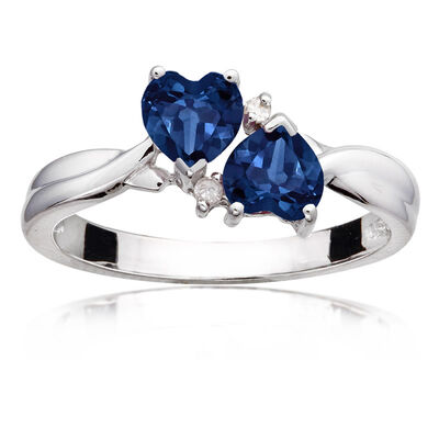 Double Heart Sapphire & Diamond Ring in Sterling Silver