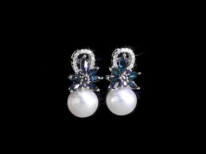  Sapphire & Freshwater Pearl Flower Drop Earrings in 14k White Gold image number null