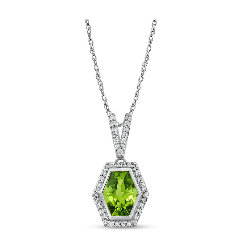 Hexagon Peridot & Created White Sapphire Halo Pendant in Sterling Silver  image number null
