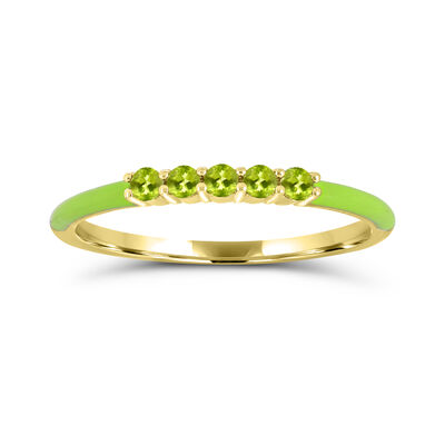 Brilliant-Cut 5-Stone Peridot Enamel Ring in Yellow Gold Plated Sterling Silver
