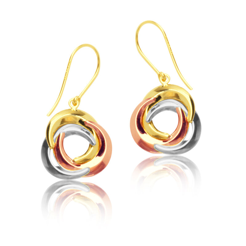Tri-Color Twist Rings Fashion Dangle Earrings in Yellow Gold image number null