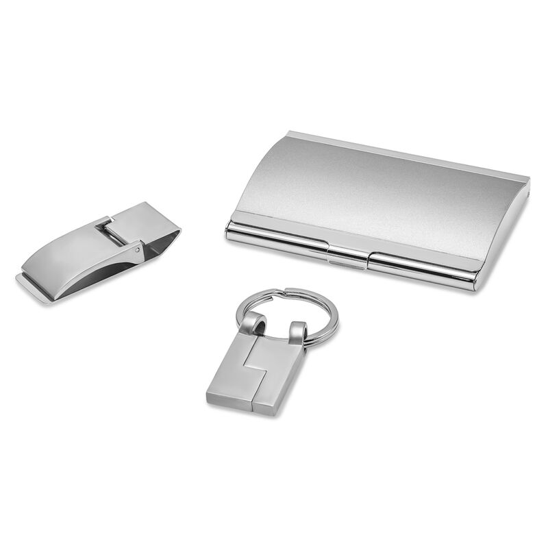 Silver-tone Money Clip, Card Case, & Key Ring Set image number null