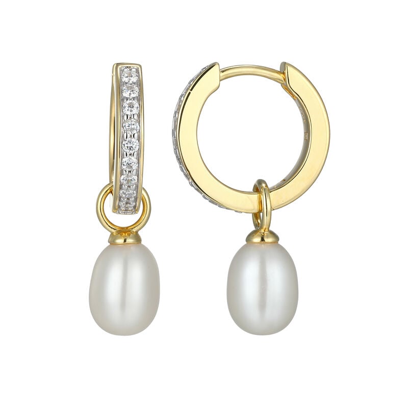 White Shell Pearl & Lab Grown Diamond Hoop Earrings in Gold Plated Sterling Silver image number null