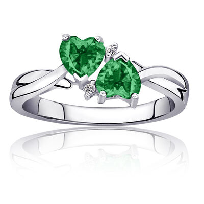 Emerald Created Double Heart Diamond Ring in Sterling Silver