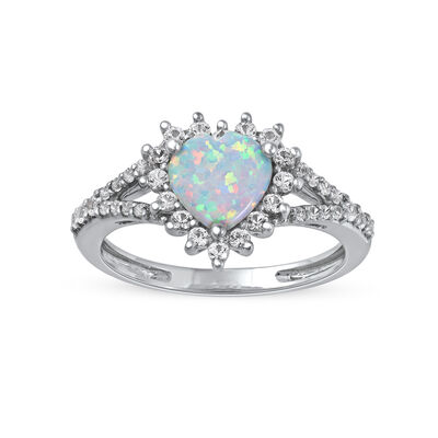 Created Opal & White Sapphire Halo Heart Ring in Sterling Silver