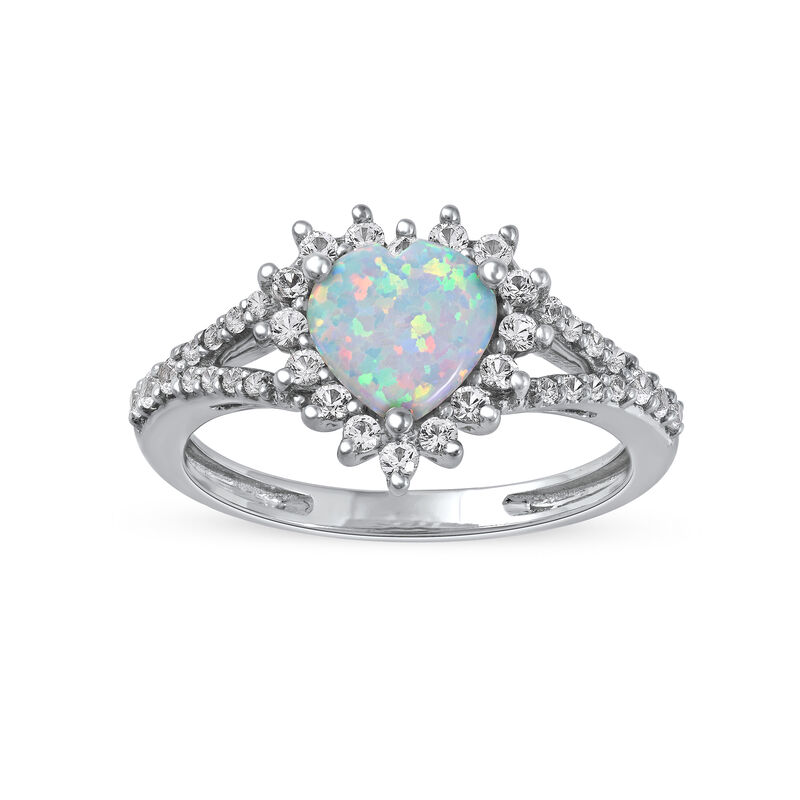 Created Opal & White Sapphire Halo Heart Ring in Sterling Silver image number null