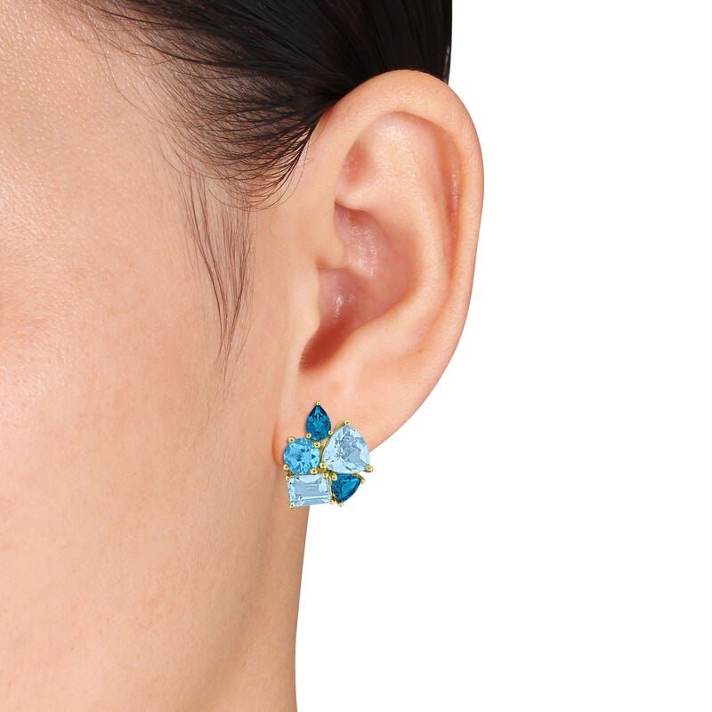 Sky Blue Topaz, London Blue Topaz & Swiss Blue Topaz Cluster Stud Earrings in Gold Plated image number null