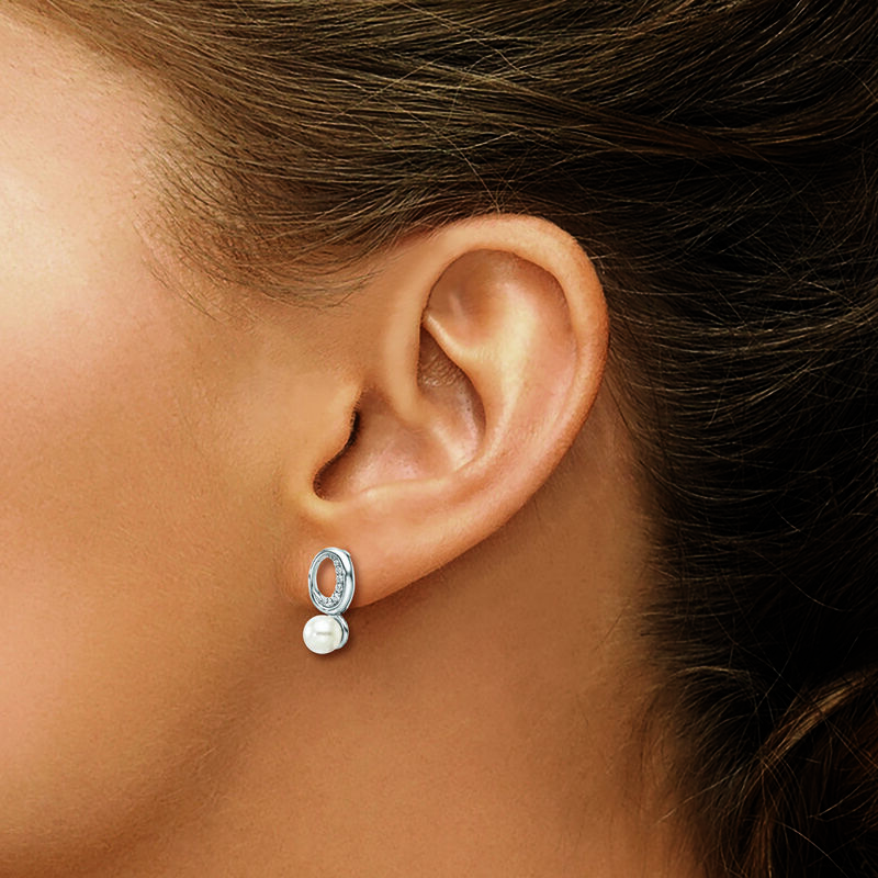 Freshwater Pearl & Diamond Open Oval Drop Earrings in 10k White Gold image number null