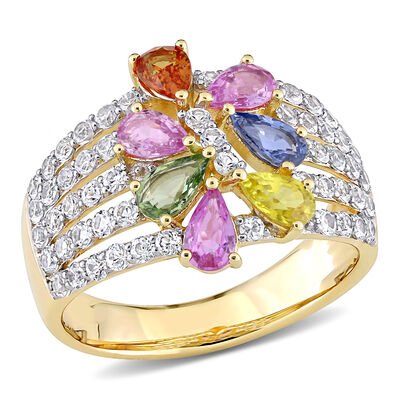 Rainbow Created Sapphire & Diamond Fashion Ring in 14k Yellow Gold