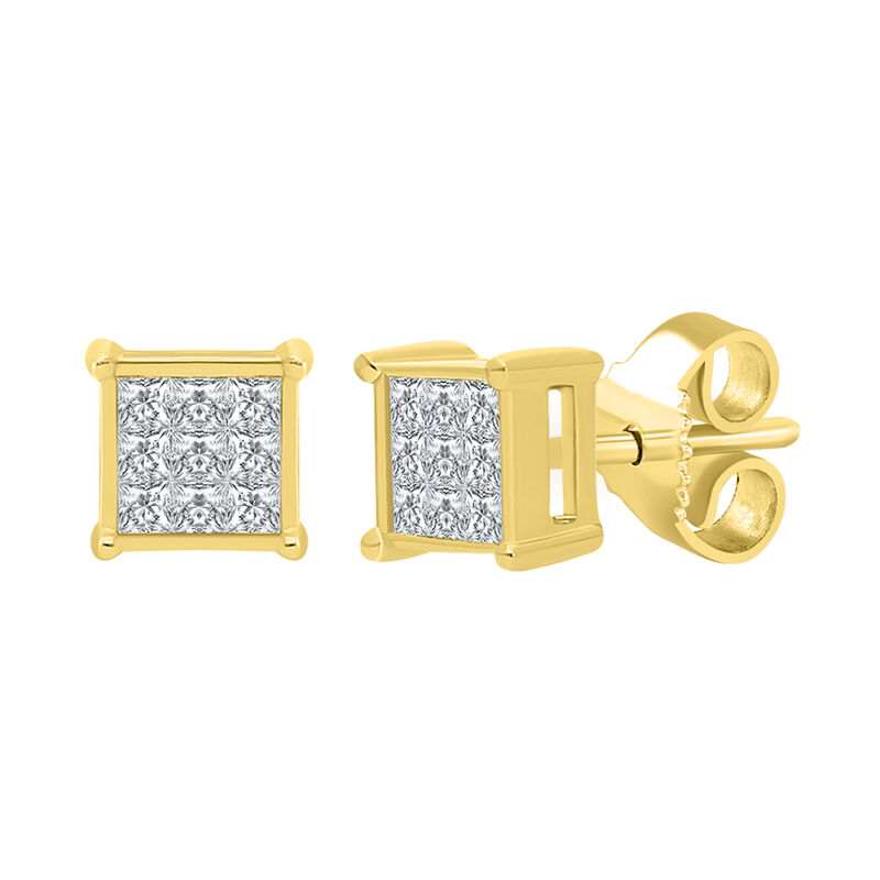 Princess-Cut 1/8ctw. Diamond Square Cluster Studs in 10k Yellow Gold image number null