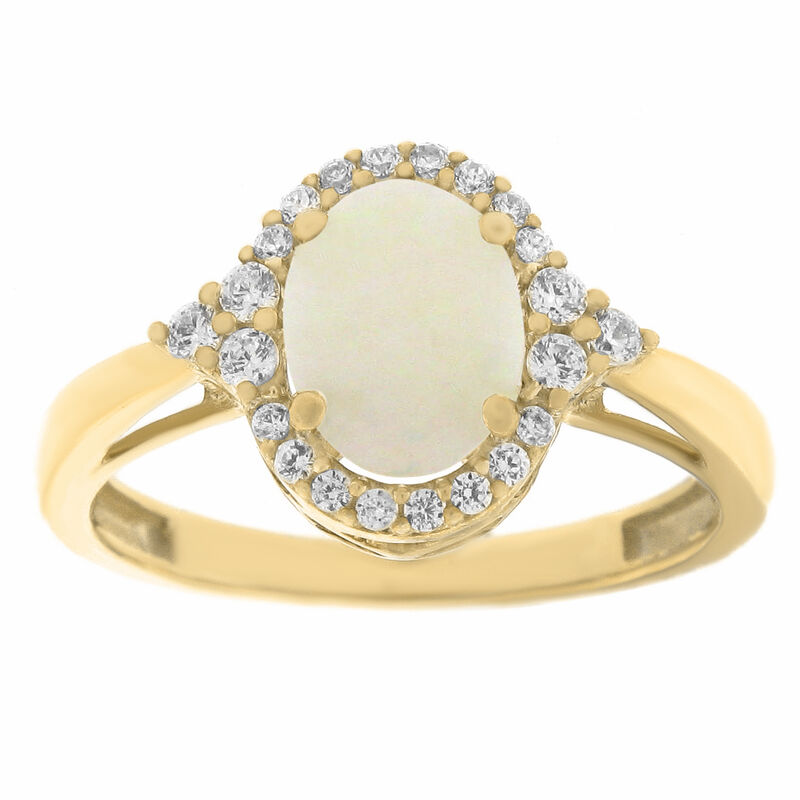 Oval Opal Gemstone & Diamond Halo Ring in 10k Yellow Gold image number null