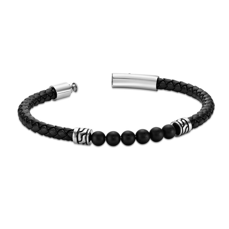 Black Agate & Leather Bracelet in Stainless Steel image number null