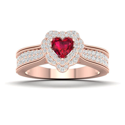 Created Ruby & White Sapphire Heart Halo Ring in Rose Plated Sterling Silver