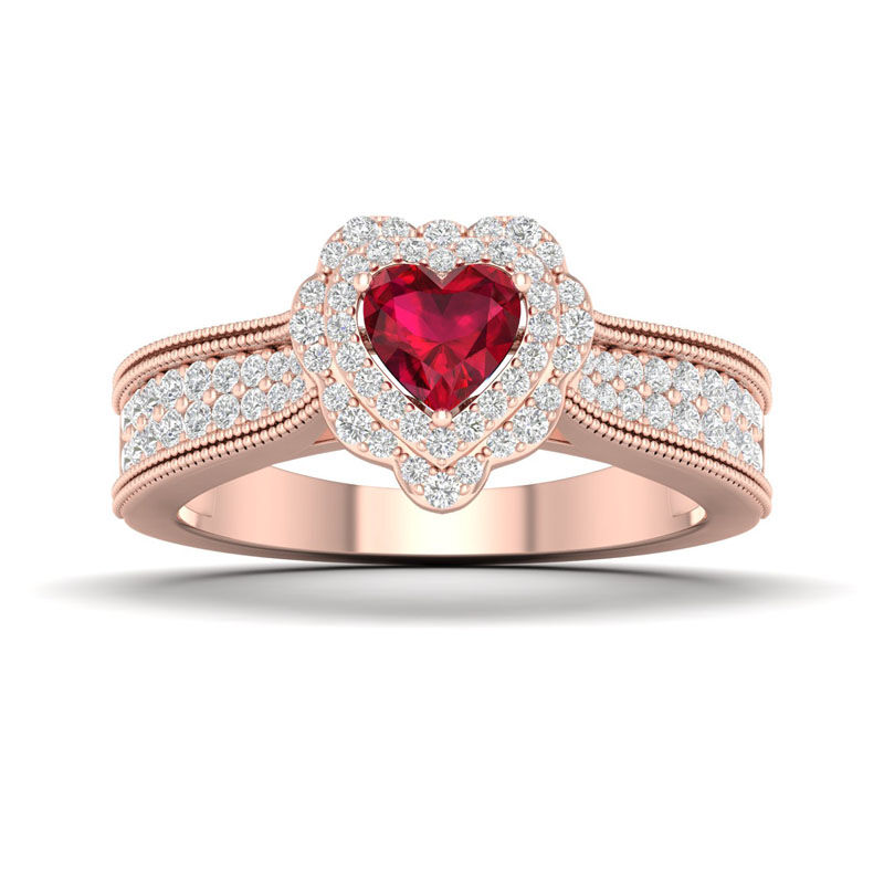 Created Ruby & White Sapphire Heart Halo Ring in Rose Plated Sterling Silver image number null