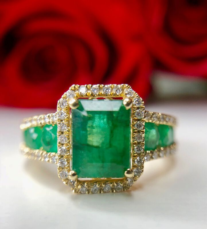 Emerald & Diamond Halo Ring in 14k Yellow Gold image number null