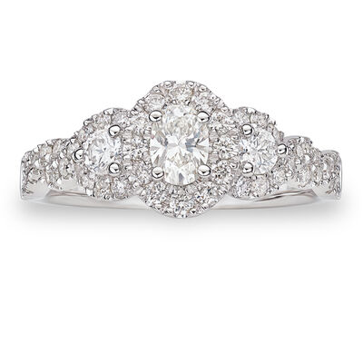 Lovely. 1ctw. Diamond Oval Three-Stone Halo Engagement Ring