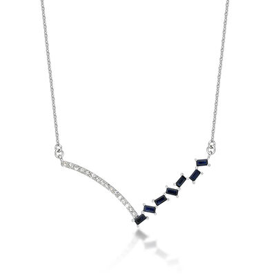 Baguette Sapphire & Diamond V Necklace in 10k White Gold