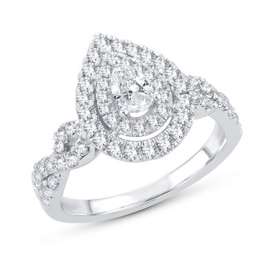 Lab Grown 1ctw. Diamond Pear Double Halo Twist Engagement Ring in 10k White Gold 