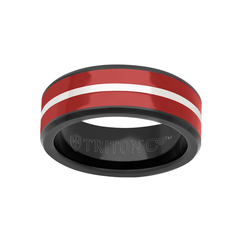 Triton 8mm Black Tungsten Band with Red Ceramic Inlay and Silver Ceramic Center Line image number null